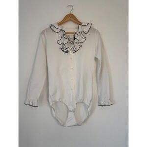 Vintage Alice Stuart Ruffle Bodysuit Women 8 White Black Trim‎ Long Sleeve Snap